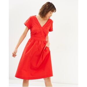 J. Crew Faux Wrap Fit Flare Modest Red Pockets Cap Sleeve Dress Size 12 Large
